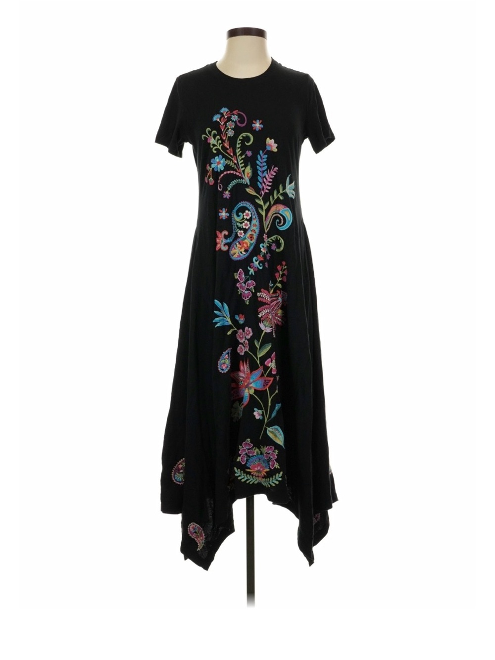 Johnny Was Black Handkerchief-Hem Dress with Multicolor Floral Embroidery